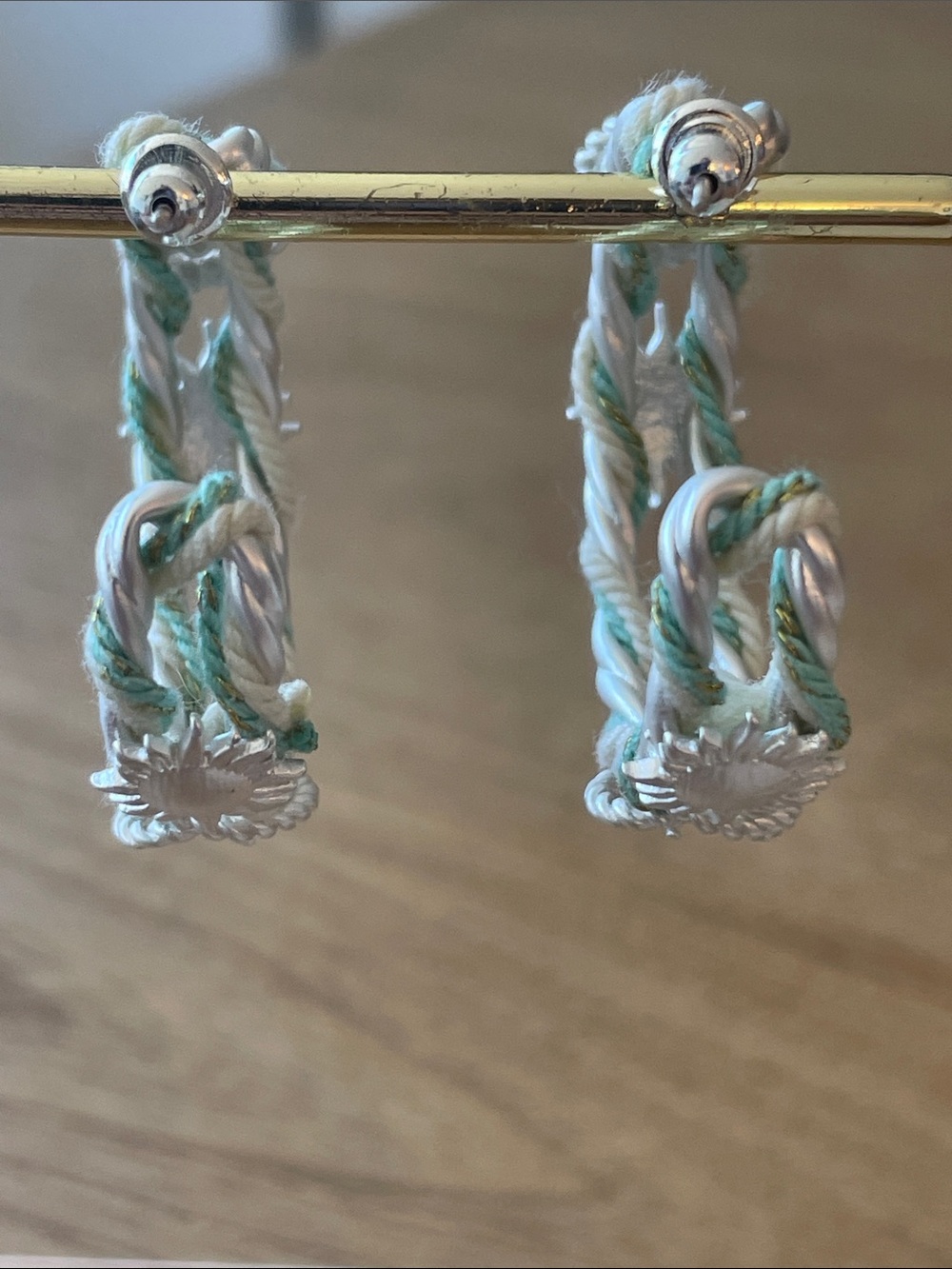 Anthropologie White and Mint Braided Floral Hoop Earrings - Picture 3 of 5